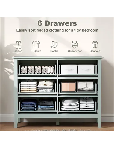 HOMCOM Fluted Dresser, 6 Drawer Chest of Drawers for Bedroom, Living Room, Hallway, Closet, Green