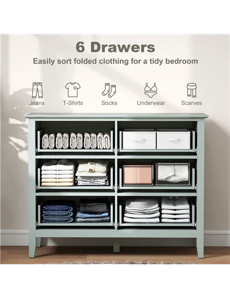 HOMCOM Fluted Dresser, 6 Drawer Chest of Drawers for Bedroom, Living Room, Hallway, Closet, Green