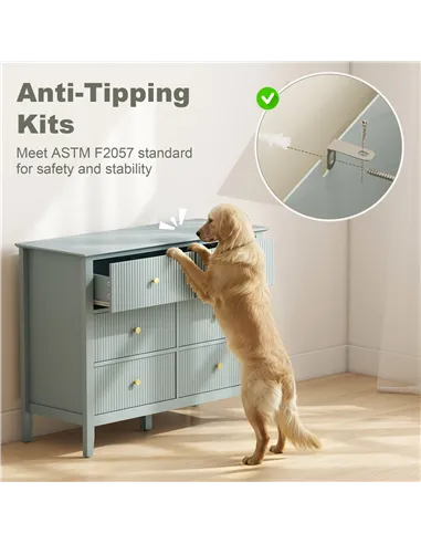 HOMCOM Fluted Dresser, 6 Drawer Chest of Drawers for Bedroom, Living Room, Hallway, Closet, Green