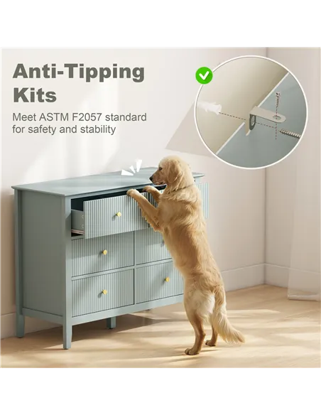 HOMCOM Fluted Dresser, 6 Drawer Chest of Drawers for Bedroom, Living Room, Hallway, Closet, Green