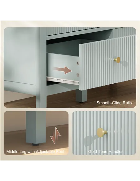 HOMCOM Fluted Dresser, 6 Drawer Chest of Drawers for Bedroom, Living Room, Hallway, Closet, Green