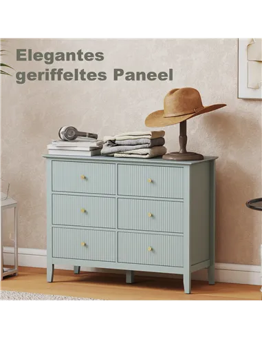 HOMCOM Fluted Dresser, 6 Drawer Chest of Drawers for Bedroom, Living Room, Hallway, Closet, Green