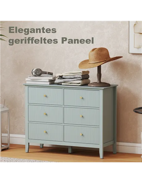 HOMCOM Fluted Dresser, 6 Drawer Chest of Drawers for Bedroom, Living Room, Hallway, Closet, Green
