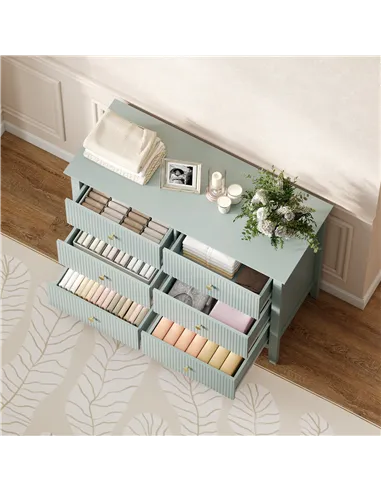 HOMCOM Fluted Dresser, 6 Drawer Chest of Drawers for Bedroom, Living Room, Hallway, Closet, Green