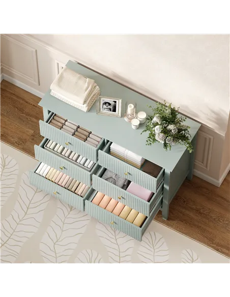 HOMCOM Fluted Dresser, 6 Drawer Chest of Drawers for Bedroom, Living Room, Hallway, Closet, Green