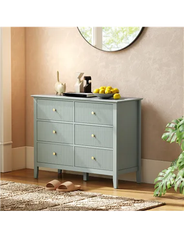 HOMCOM Fluted Dresser, 6 Drawer Chest of Drawers for Bedroom, Living Room, Hallway, Closet, Green
