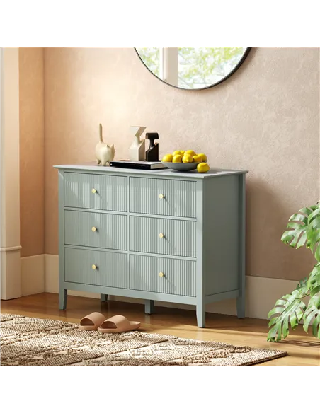 HOMCOM Fluted Dresser, 6 Drawer Chest of Drawers for Bedroom, Living Room, Hallway, Closet, Green