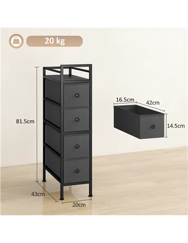 HOMCOM 4 Drawer Fabric Dresser Chest of Drawers, Slim Storage Cabinet with Steel Frame for Small Spaces, Bedroom, Black