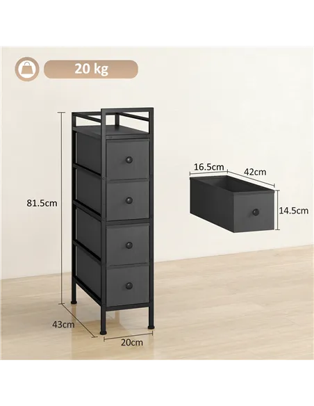 HOMCOM 4 Drawer Fabric Dresser Chest of Drawers, Slim Storage Cabinet with Steel Frame for Small Spaces, Bedroom, Black