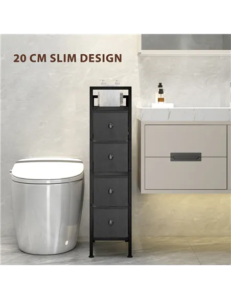 HOMCOM 4 Drawer Fabric Dresser Chest of Drawers, Slim Storage Cabinet with Steel Frame for Small Spaces, Bedroom, Black