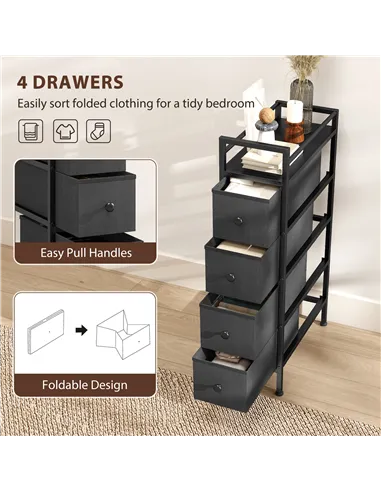 HOMCOM 4 Drawer Fabric Dresser Chest of Drawers, Slim Storage Cabinet with Steel Frame for Small Spaces, Bedroom, Black