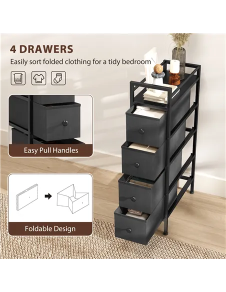 HOMCOM 4 Drawer Fabric Dresser Chest of Drawers, Slim Storage Cabinet with Steel Frame for Small Spaces, Bedroom, Black