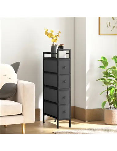 HOMCOM 4 Drawer Fabric Dresser Chest of Drawers, Slim Storage Cabinet with Steel Frame for Small Spaces, Bedroom, Black