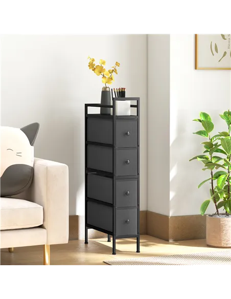 HOMCOM 4 Drawer Fabric Dresser Chest of Drawers, Slim Storage Cabinet with Steel Frame for Small Spaces, Bedroom, Black
