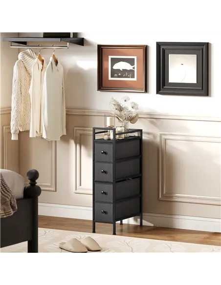 HOMCOM 4 Drawer Fabric Dresser Chest of Drawers, Slim Storage Cabinet with Steel Frame for Small Spaces, Bedroom, Black