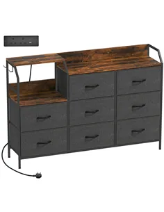 HOMCOM Chest of Eight Drawers, with Charging Station - Brown/Black