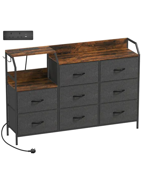 HOMCOM Chest of Eight Drawers, with Charging Station - Brown/Black