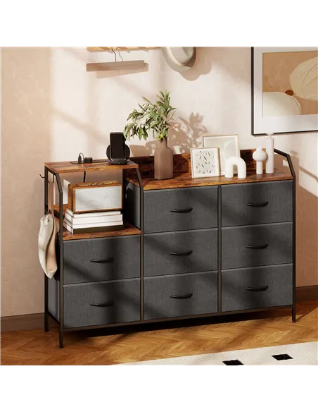 HOMCOM Chest of Eight Drawers, with Charging Station - Brown/Black