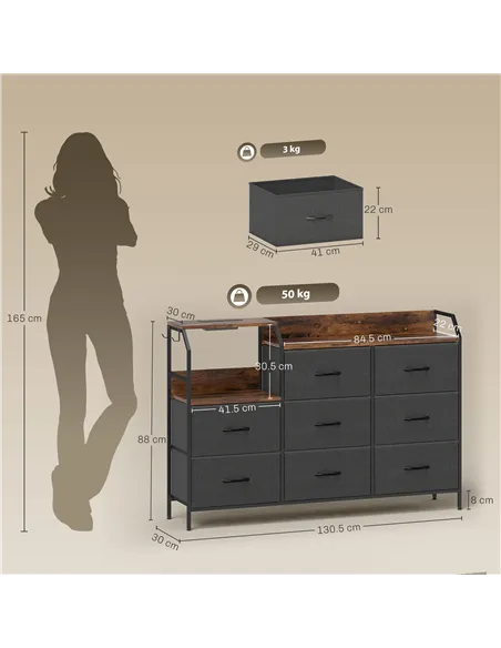 HOMCOM Chest of Eight Drawers, with Charging Station - Brown/Black