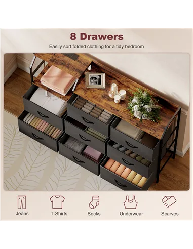 HOMCOM Chest of Eight Drawers, with Charging Station - Brown/Black