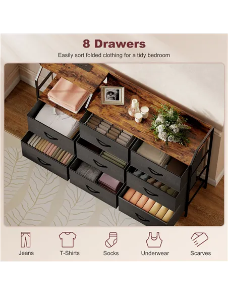 HOMCOM Chest of Eight Drawers, with Charging Station - Brown/Black