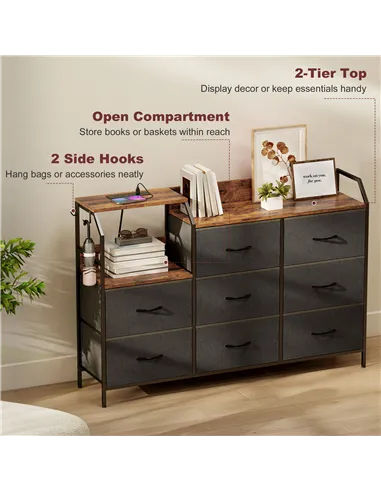 HOMCOM Chest of Eight Drawers, with Charging Station - Brown/Black
