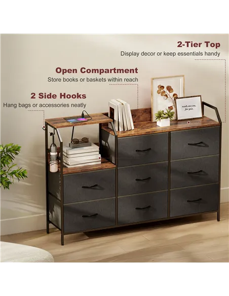 HOMCOM Chest of Eight Drawers, with Charging Station - Brown/Black