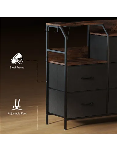 HOMCOM Chest of Eight Drawers, with Charging Station - Brown/Black