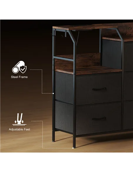 HOMCOM Chest of Eight Drawers, with Charging Station - Brown/Black