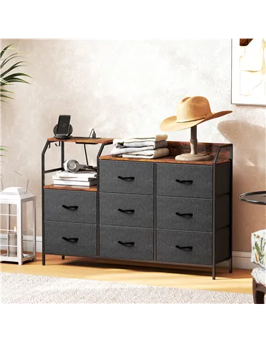 HOMCOM Chest of Eight Drawers, with Charging Station - Brown/Black