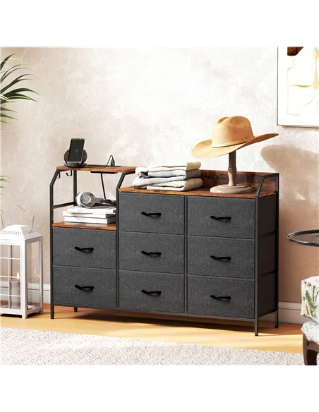 HOMCOM Chest of Eight Drawers, with Charging Station - Brown/Black