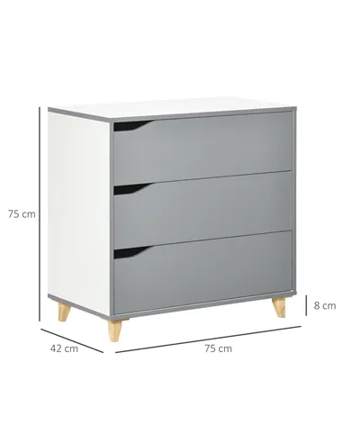 HOMCOM Drawer Chest, 3-Drawer Storage Cabinet Unit with Pine Wood Legs for Bedroom, Living Room, 75cmx42cmx75cm, Grey