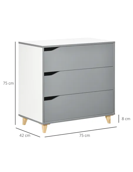 HOMCOM Drawer Chest, 3-Drawer Storage Cabinet Unit with Pine Wood Legs for Bedroom, Living Room, 75cmx42cmx75cm, Grey