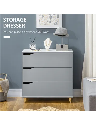 HOMCOM Drawer Chest, 3-Drawer Storage Cabinet Unit with Pine Wood Legs for Bedroom, Living Room, 75cmx42cmx75cm, Grey