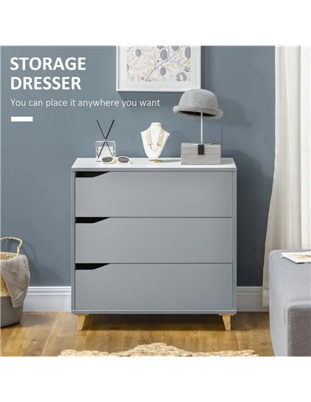 HOMCOM Drawer Chest, 3-Drawer Storage Cabinet Unit with Pine Wood Legs for Bedroom, Living Room, 75cmx42cmx75cm, Grey