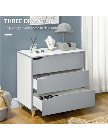 HOMCOM Drawer Chest, 3-Drawer Storage Cabinet Unit with Pine Wood Legs for Bedroom, Living Room, 75cmx42cmx75cm, Grey
