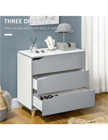 HOMCOM Drawer Chest, 3-Drawer Storage Cabinet Unit with Pine Wood Legs for Bedroom, Living Room, 75cmx42cmx75cm, Grey