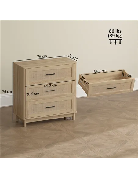 HOMCOM 76 cm Wide Drawer Chest of Drawers with 3 Drawer - Oak