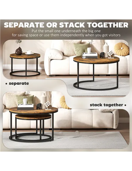 HOMCOM Set of Two Wood-Effect Stacking Tables - Rustic Brown