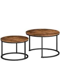 HOMCOM Coffee Table Set of 2, Round Nest of Tables with Metal Frame, Modern Side Tables for Living Room, Rustic Brown