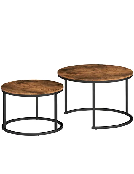 HOMCOM Coffee Table Set of 2, Round Nest of Tables with Metal Frame, Modern Side Tables for Living Room, Rustic Brown
