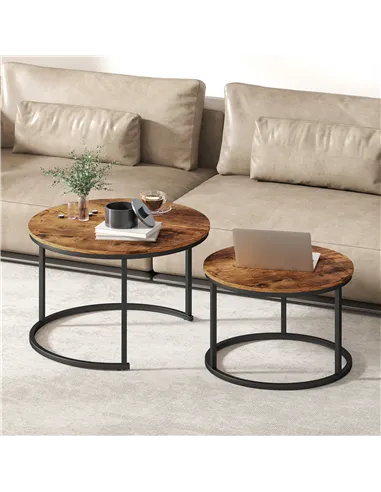 HOMCOM Coffee Table Set of 2, Round Nest of Tables with Metal Frame, Modern Side Tables for Living Room, Rustic Brown