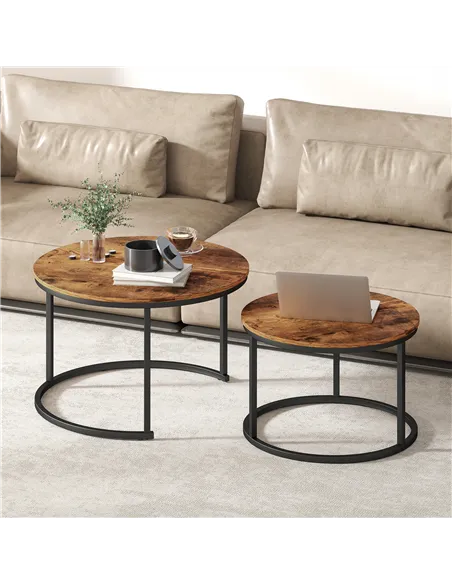 HOMCOM Coffee Table Set of 2, Round Nest of Tables with Metal Frame, Modern Side Tables for Living Room, Rustic Brown