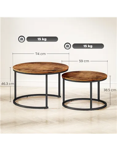 HOMCOM Coffee Table Set of 2, Round Nest of Tables with Metal Frame, Modern Side Tables for Living Room, Rustic Brown