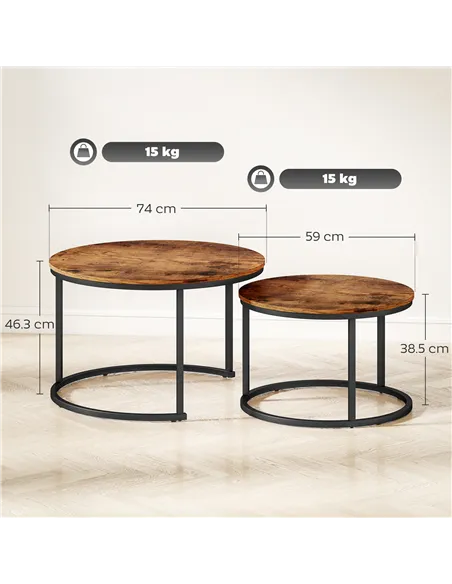 HOMCOM Coffee Table Set of 2, Round Nest of Tables with Metal Frame, Modern Side Tables for Living Room, Rustic Brown
