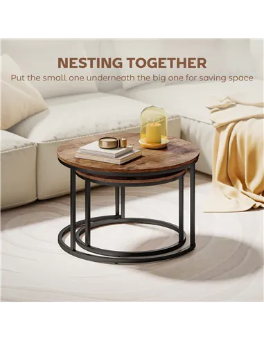 HOMCOM Coffee Table Set of 2, Round Nest of Tables with Metal Frame, Modern Side Tables for Living Room, Rustic Brown