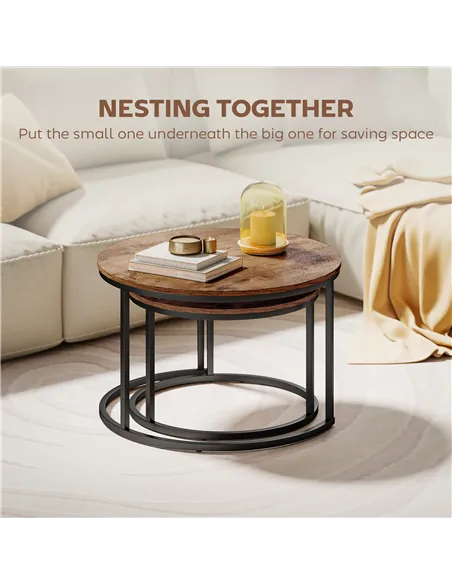 HOMCOM Coffee Table Set of 2, Round Nest of Tables with Metal Frame, Modern Side Tables for Living Room, Rustic Brown
