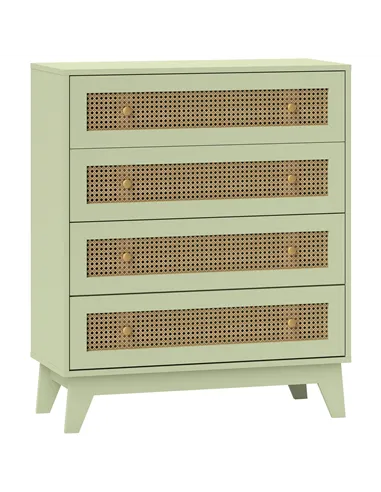 HOMCOM Chest of Drawers, 4-Drawer Storage Organiser Unit with Rattan Element for Bedroom, Living Room, Light Green