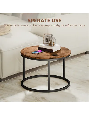 HOMCOM Coffee Table Set of 2, Round Nest of Tables with Metal Frame, Modern Side Tables for Living Room, Rustic Brown