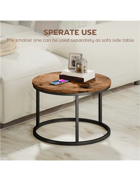HOMCOM Coffee Table Set of 2, Round Nest of Tables with Metal Frame, Modern Side Tables for Living Room, Rustic Brown